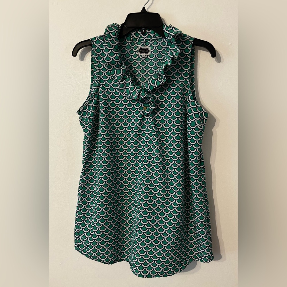 Mud Pie Blue Green White scalloped print sleeveless blouse ruffle collar medium